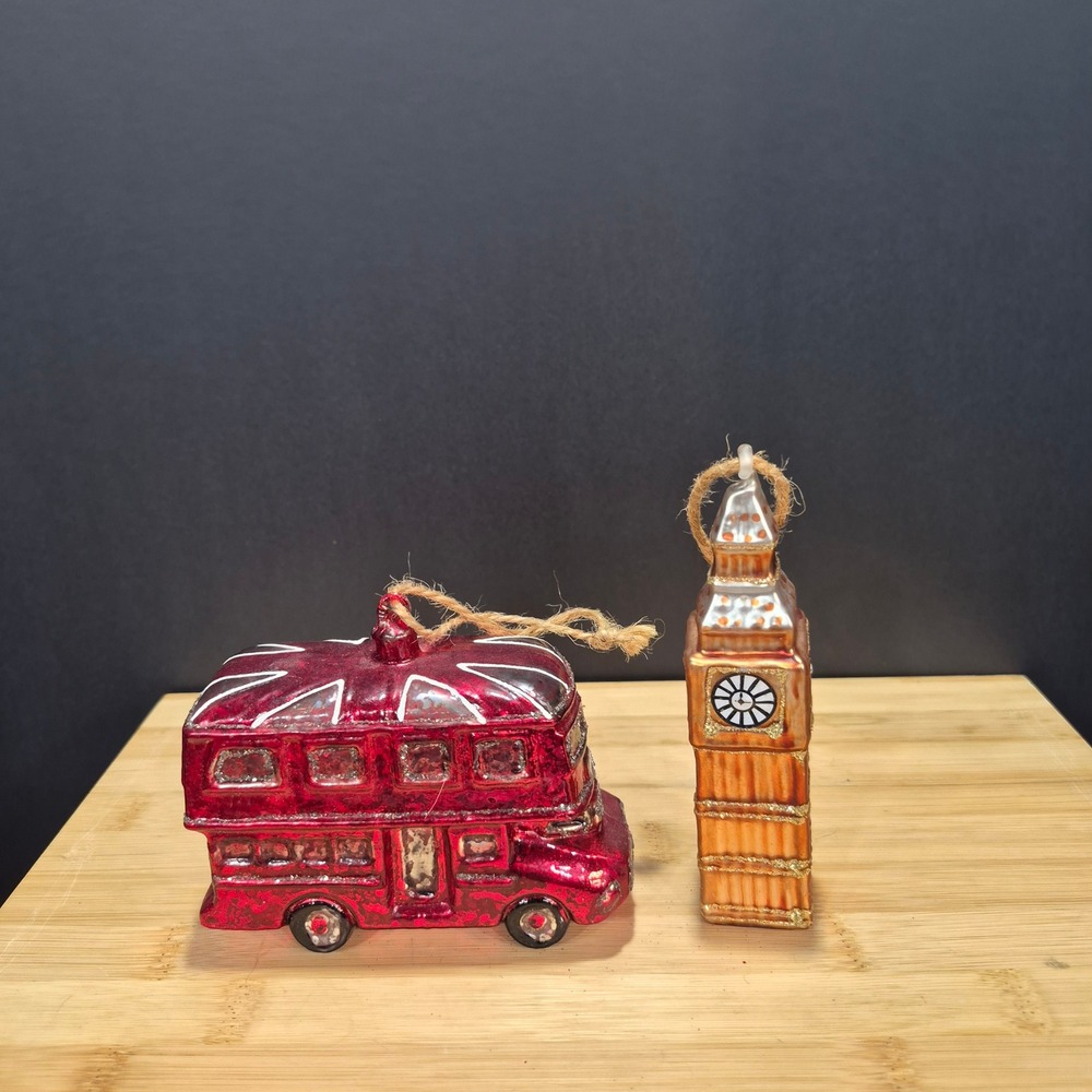 Pottery Barn Double Decker Bus Big Ben Blown Glass Ornament Set London Christmas